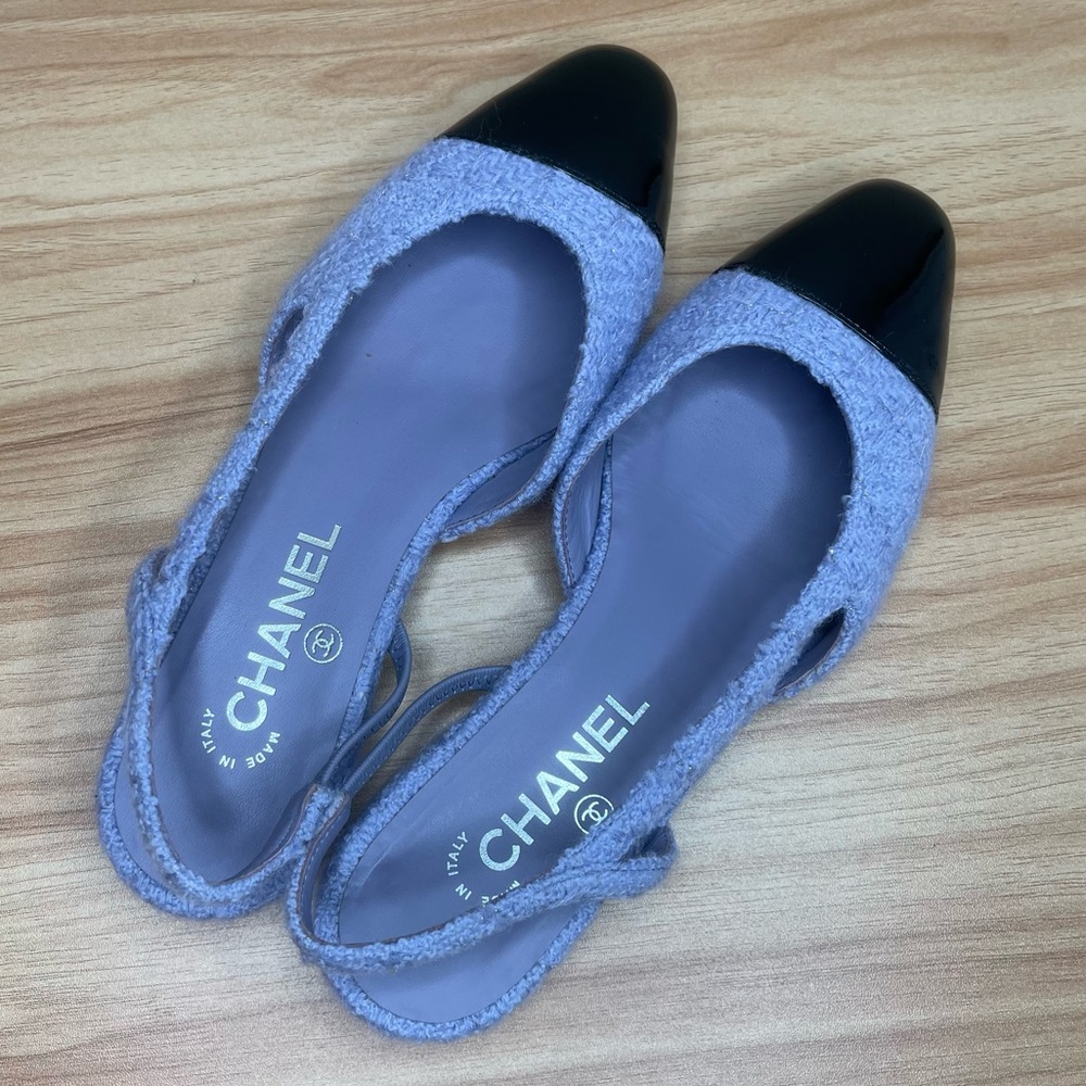 RARE Chanel Boucle Purple and Patent Leather Flat Slingbacks 37.5 - Picture 6 of 11